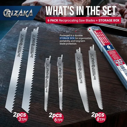 Miniatura 5 de Paquete de 6 hojas de sierra recíproca para carne congelada, hueso, pescado – 3TPI 12 pulgadas (11.811 in)/0.047 in x 2 piezas, 6TPI 6 pulgadas