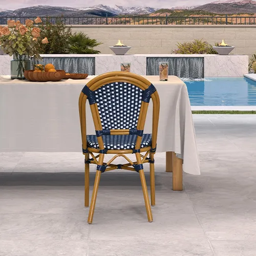 Miniatura 18 de PURPLE LEAF Juego de 1 silla de comedor al aire libre, marco de aluminio francés en acabado de bambú con ratán tejido ámbar y blanco para cocina