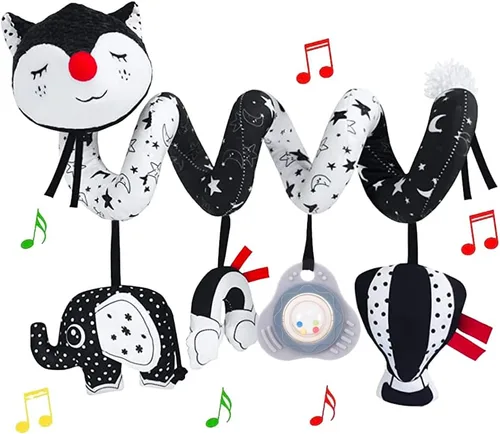 Juguetes de Asiento de Coche ORZIZRO, Juguete de Alto Contraste en Negro y Blanco para Bebés de 0 a 3, 6, 12 Meses, Juguete Musical de Cochecito y