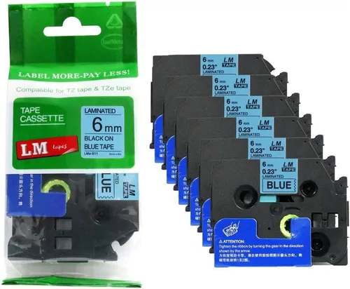 Miniatura 16 de Paquete de 1 unidad LM Tapes LMe511 Premium de 1/4 de pulgada con impresión negra en etiqueta azul compatible con Brother TZe-511 P-Touch, incluye