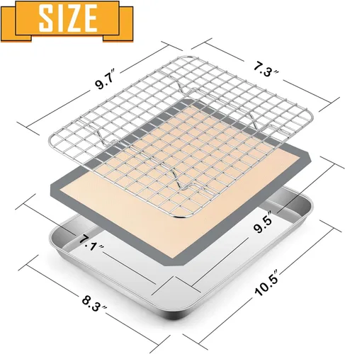 Miniatura 2 de E-far - Juego de bandejas para hornear para horno tostador, bandeja pequeña de acero inoxidable de 10.5 x 8.3 pulgadas con rejilla de alambre