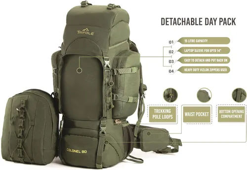 Miniatura 3 de Tripole Colonel - Mochila de 95 litros + Mochila de día desmontable, Verde militar, Mochila