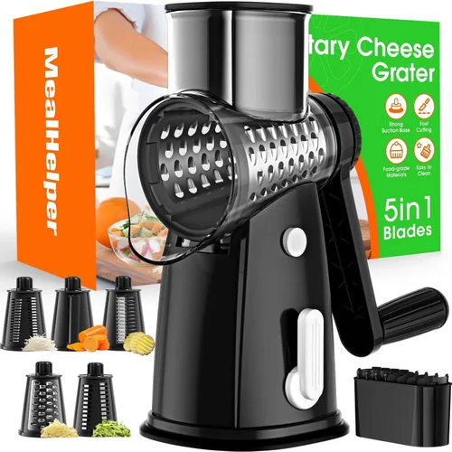 MealHelper Rallador rotativo de queso de 5 cuchillas y picador de verduras con caja de almacenamiento y manivela, trituradora compacta para quesos,