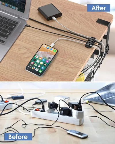 Miniatura 2 de Organizador de cables negro para debajo del escritorio, bandeja de gestión de cables de acero resistente para debajo del escritorio, organizador