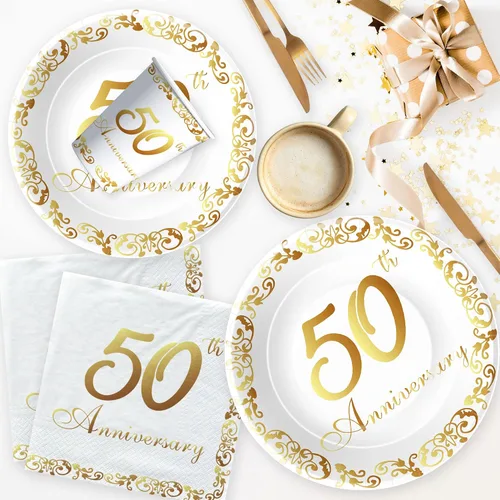 Miniatura 7 de APOWBLS Decoraciones y suministros para el 50 aniversario – Decoración dorada del 50 aniversario de boda, suministros para fiesta, plato de papel