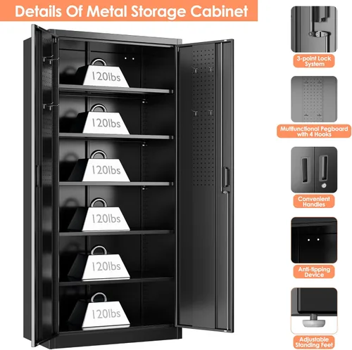 Miniatura 5 de 71" Black Lockable Metal Storage Cabinet, Garage Steel Cabinet with 5 Adjustable Shelves, 2 Locking Doors, Tool & File Organizer for Home, Office