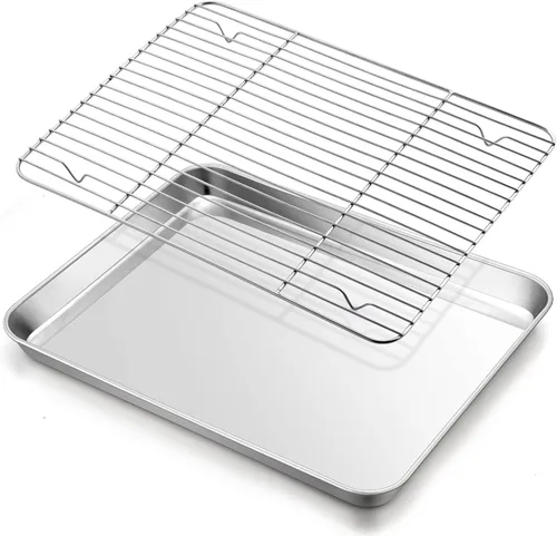 Miniatura 11 de E-far Bandeja pequeña de metal para horno tostador con juego de estante, bandeja para hornear de 9.4 x 7.3 pulgadas con rejilla de enfriamiento