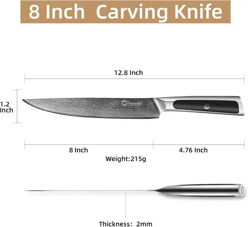 Miniatura 5 de Sunnecko Cuchillo de Cocina de Damasco de 8 Pulgadas Cuchillo de Trinchar para Cortar Carne Cuchillo Japonés de Acero VG10, Espiga Completa