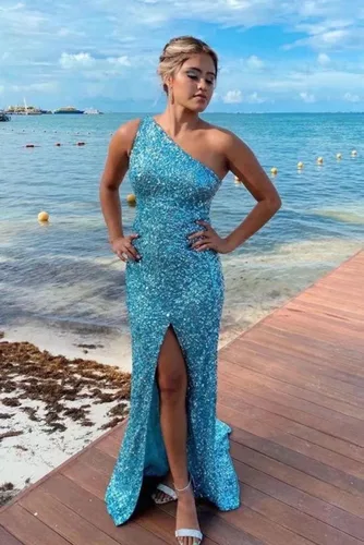 Miniatura 3 de One Shoulder Sequins Prom Dresses Mermaid Long Formal Evening Dresses Ball Gowns for Women with Slit