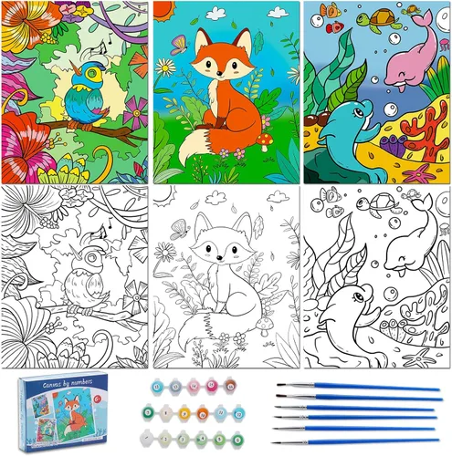 Volmop Paquete de 3 pinturas por números para niños de 8 a 12 años, 10 x 8 pulgadas, lienzo enmarcado con 17 pinturas acrílicas y 6 pinceles Fox
