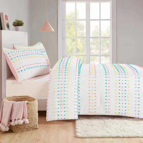 Miniatura 3 de HOMBYS Juego de edredón de ropa de cama con pompones mechudos para niñas, juego de edredón jacquard boho blanco de 3 piezas para niños para todas