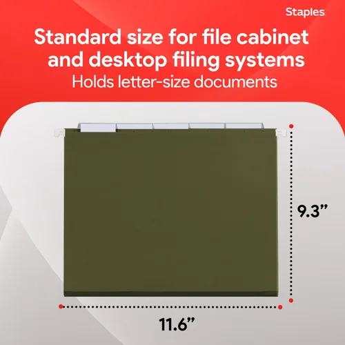 Miniatura 3 de Staples Carpetas colgantes para archivos, tamaño carta, pestañas de corte de 1/5, verde estándar, incluye pestañas e insertos de papel, paquete