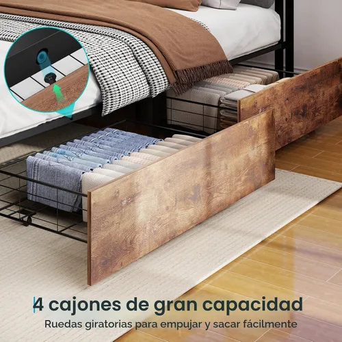 Miniatura 6 de SADENICEL Base de cama de tamaño matrimonial con almacenamiento, plataforma de cama de madera LED con cabecero, 4 cajones, estación de carga,
