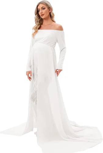 Miniatura 2 de ZIUMUDY Vestido de maternidad para sesión de fotos de manga larga con hombros descubiertos vestido de encaje ajustado con capa larga de gasa trian