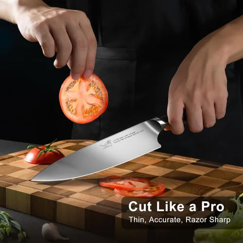 Miniatura 5 de Cuchillo de chef de 8 pulgadas en acero alemán EN1.4116 de alto carbono, ultra afilado, antideslizante, mango de espiga completa, apto