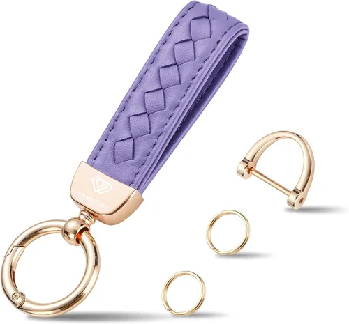 Miniatura 20 de Hamdecro Llavero de cuero genuino para automóvil, llaves de oveja tejidas a mano para mujeres, soporte universal para llavero con rotación de 360
