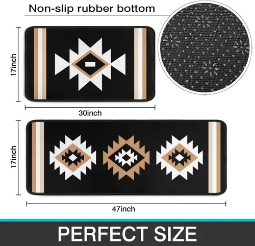 Miniatura 3 de Juego de 2 tapetes de cocina estilo bohemio para cocina, diseño azteca occidental, color negro, antideslizantes, lavables, para el suelo, 2 piezas