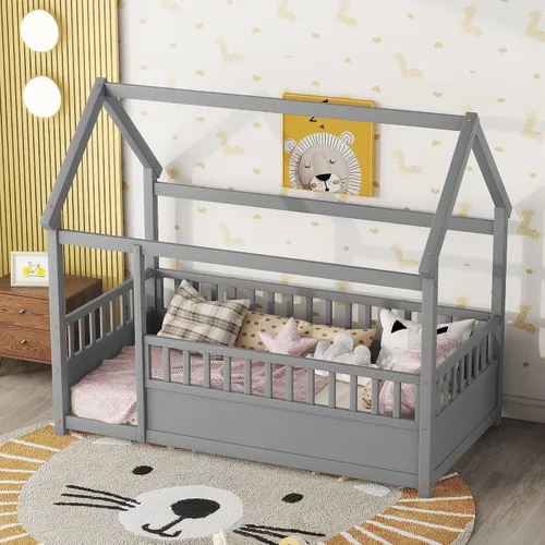 Miniatura 3 de Bellemave Montessori - Cama de tamaño individual con barandillas para vallas, cama de madera con rieles, marco de cama de casa de juegos para niños