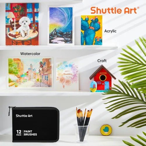 Miniatura 7 de Shuttle Art Juego de 12 pinceles de pintura con estuche, formas y tamaños surtidos para acrílico, acuarela, óleo y gouache, pinceles de artista Negro
