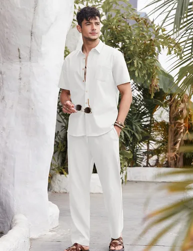 Miniatura 2 de COOFANDY Conjunto de 2 piezas de lino para hombre, conjunto de camisa y pantalón con botones para la playa