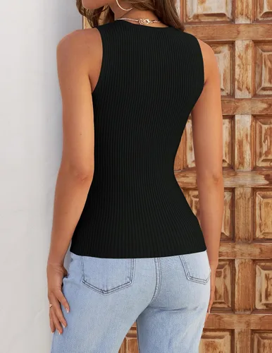 Miniatura 4 de ZESICA Camisetas sin mangas acanaladas para mujer, de verano, sin mangas, cuello alto, casual, ajustadas, básicas, de punto