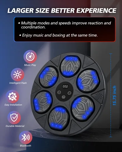 Miniatura 5 de Máquina de boxeo de música, punzonadora de sonido con guantes de boxeo, blanco de boxeo electrónico montado en la pared para adultos y niños, 9 modos