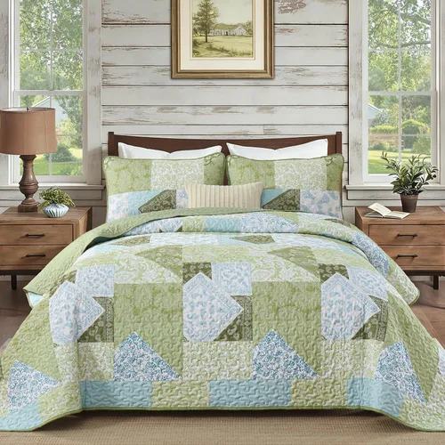 Miniatura 8 de Mybedsoul Juego de edredón bohemio beige tamaño individual, juego de colcha floral a cuadros de 3 piezas, juego de ropa de cama reversible