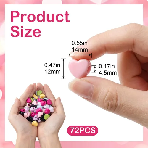 Miniatura 2 de PAGOW 72pcs Colorful Acrylic Heart Beads, Large Hole Pony Beads Bulk, Cute Heart Charm Accessories for Jewelry Making Keychain DIY Craft Wedding