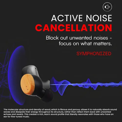 Miniatura 3 de Symphonized Auriculares inalámbricos de madera con graves profundos, 35 horas de reproducción de sonido 3D. Cancelación de ruido con micrófono.
