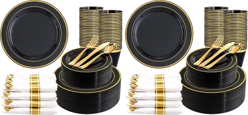 Miniatura 22 de 350 piezas de platos de plástico negro y dorado con cubiertos desechables, incluye 50 platos de cena de 9 pulgadas, 50 platos de postre de 6.3