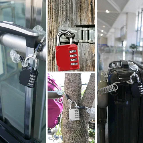 Miniatura 6 de Candado de combinación de 4 dígitos impermeable para exteriores con cable de acero para casillero de gimnasio, casco, puerta, valla, equipaje Negro