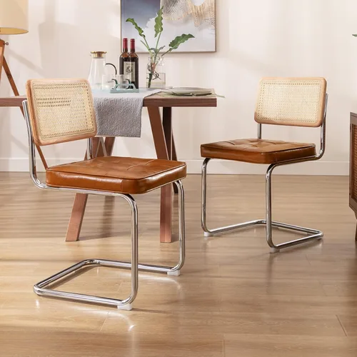 Miniatura 7 de Zesthouse Juego de 6 sillas de comedor de ratán natural, sillas modernas de comedor con respaldo de madera maciza para cocina y sala de estar, Cuero