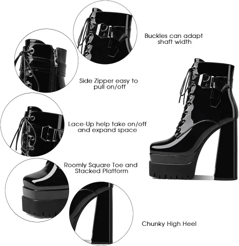 Miniatura 3 de Artrotter Botas de plataforma con hebilla para mujer con cordones y punta cuadrada tacón grueso botines de combate de cuero