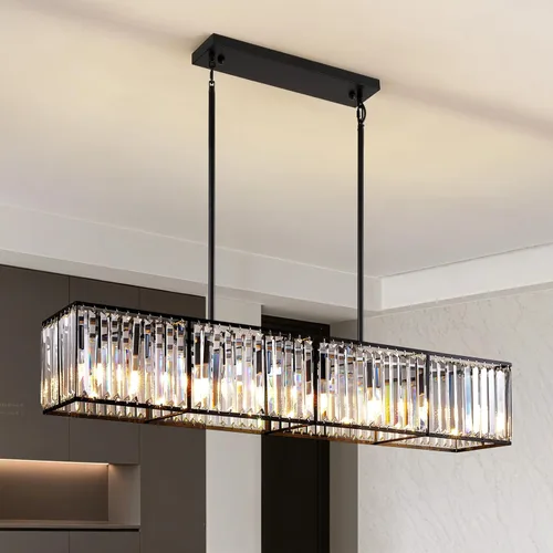 Miniatura 10 de Siljoy Candelabro rectangular moderno de cristal, 5 luces, color negro, rectangular, con forma de gota de lluvia, lámpara de techo colgante lineal