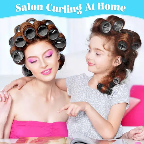Miniatura 4 de Rulos para el cabello Jumbo, 12 piezas de rulos para el cabello con autoagarre y 12 clips de pico de pato de acero inoxidable para volumen de Negro