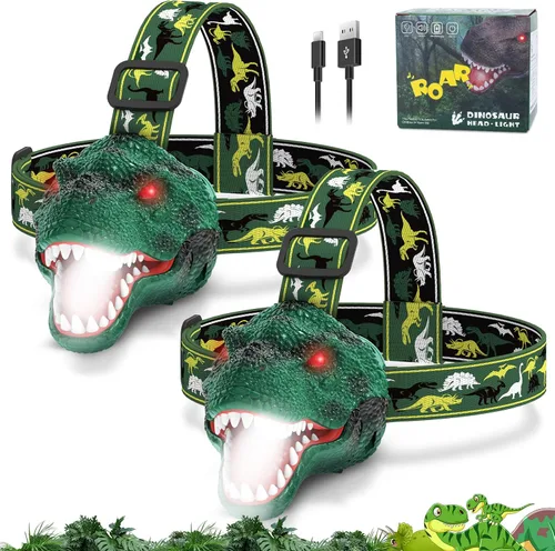 Nitigo Linterna Frontal de Dinosaurio para Niños Linterna Paquete de 2, Linternas Frontales LED Recargables Modo Rugido y Silencioso, Juguetes de