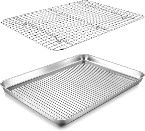 Miniatura 9 de P&P CHEF Bandeja para horno tostador con rejilla de alambre, bandeja para hornear de acero inoxidable, bandeja para tocino y rejilla de enfriamiento