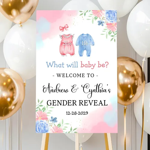 Miniatura 26 de Letrero de bienvenida personalizado de revelación de género con soporte, letrero de revelación de género para niño o niña, letreros de revelación