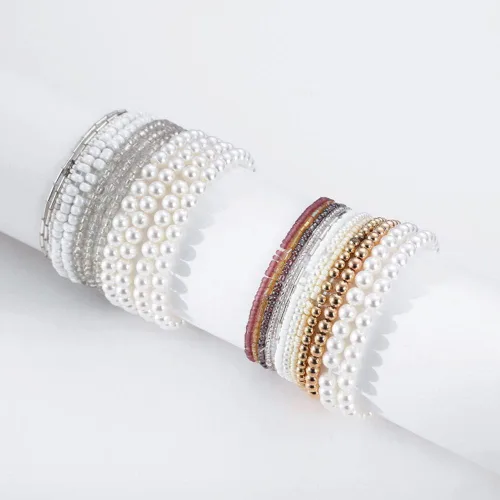 Miniatura 7 de Caiyao Juego de pulseras elásticas de perlas de imitación para mujer, multicapa con cuentas bohemias de semillas de arroz, hilo de perlas apilable