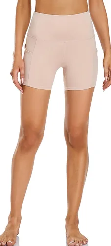Miniatura 5 de Oalka Pantalones cortos de yoga para mujer, con bolsillos laterales, cintura alta, para entrenamiento, correr, deportes, 4 pulgadas