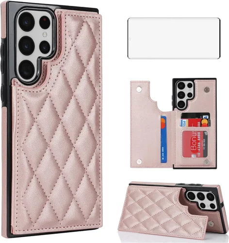 Asuwish Funda de teléfono para Samsung Galaxy S22 Ultra 5G con protector de pantalla de vidrio templado y soporte de tarjeta de crédito RFID de Oro