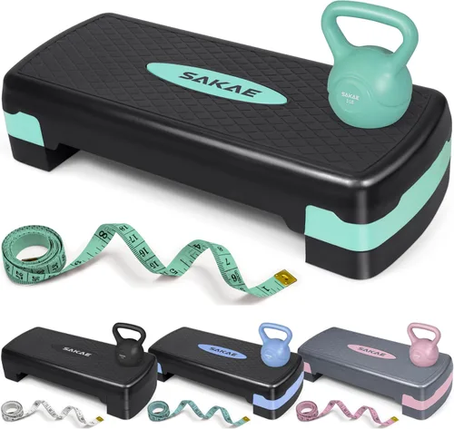 SAKAE Set de Plataforma de Step Aeróbicos con Kettlebell y Cinta Métrica, Steps Aeróbicos para Ejercicio en Casa, Altura Ajustable 2 Niveles de Verde