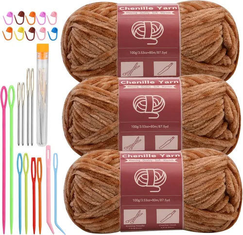 Miniatura 44 de LUNARM Hilado de chenilla para tejer y hacer ganchillo, 3 madejas de 240 metros de hilo grueso, suave y voluminoso, para tejer mantas, ropa y Beige