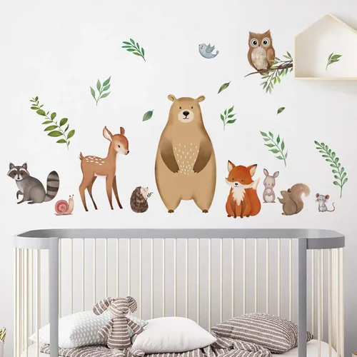 decalmile Calcomanías de pared de hojas de animales del bosque, diseño de oso zorro, ciervo, decoración de pared para habitación de bebé, habitación