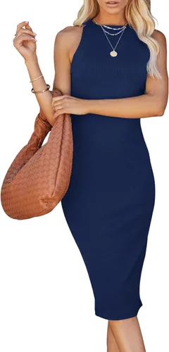 PRETTYGARDEN - Vestido midi básico ajustado para mujer, cuello redondo, sin mangas, vestido casual de verano sin mangas