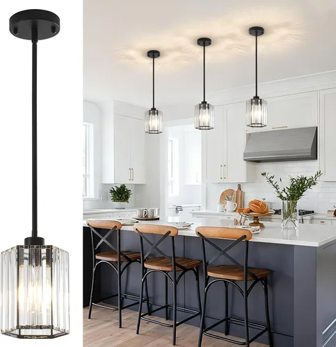 Miniatura 14 de Lámparas colgantes de cristal, paquete de 3 unidades de lámparas colgantes en oro cepillado para isla de cocina, modernas mini lámparas colgantes