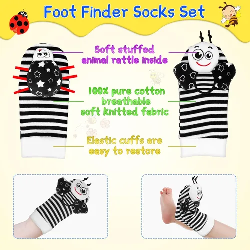 Miniatura 3 de Juguetes para bebés de 0 a 6 meses – Juego de calcetines de sonajero de muñeca de alto contraste para bebés de 3 meses, sonajeros sensoriales
