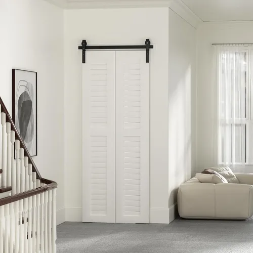 Miniatura 8 de Kit de herrajes para puerta de granero plegable y corrediza de 30", se desliza suave y silenciosamente, rodillo negro montado lateralmente, fácil