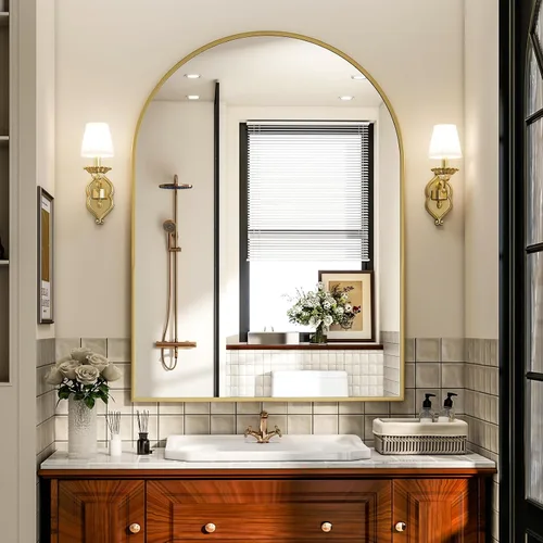 Miniatura 19 de Espejo de Baño con Arco, Espejo de Baño Arqueado de 20x30 pulgadas/Espejo de Tocador Montado en la Pared - Espejo de Pared con Marco de Metal Negro