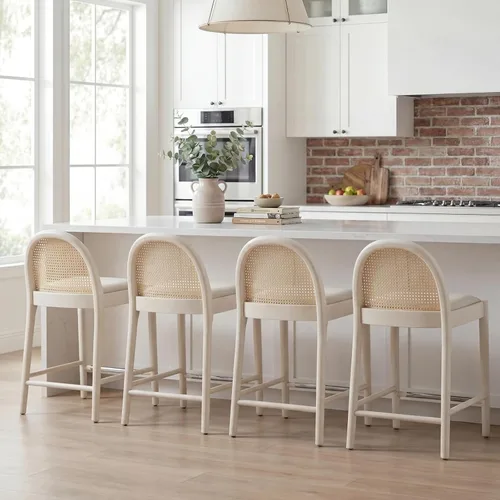 Miniatura 17 de DUOMAY Juego de 2 taburetes de mostrador modernos de ratán beige, 26 pulgadas de altura - Taburetes de bar de madera tapizados en lino con respaldo